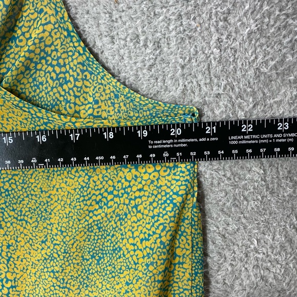 DECREE Blouse Women XL Sheer Cowl Neck Chiffon Blue Yellow Print Flowy Top Shirt - Picture 4 of 12